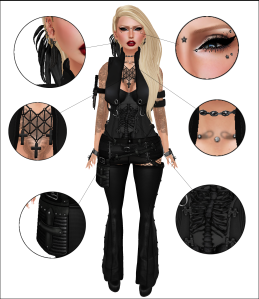 Arm Band with knife-  dl::  Demons Hunter Armband (selene.edwyn) ~ Arm straps (left arm)-  Cobrahive  Arm Strap v2 L (Chikane Kaligawa) ~ Feather earring (right ear)-  bellballs/PIDIDDLE -  Fringed Cuff - Raven (viollette.vyper) ~ Mesh bra- ...Mutresse... Dupla Bustier Bra (Eeky Cioc) ~ Eyeliner-  -Glam Affair- Couture Eyeliner no.01 (amberly.boccaccio) ~ Chest piercings and spiked collar necklace .Pekka.   Missy Chest piercings [SILVER] & .Pekka. Spiked Collar [Silver Metal] (kathya.szczepanski) ~ Face Piercings- Cute Poison   Stellar Piercings (sae.luan) ~ Earring piercings- [-iPoke-]  Pureza (Steele Branner) ~ Mesh Corset & Gloves- [R3]   Jaimy Gloves [V3] & [R3] Reika Corset [V1] (R3volt) ~ Mesh leggings/skirt & Jacket - Razor  NEW!!!  /// Shadow Step Outfit & /// Ring Leader - Black (Kehl Razor) ~ Hair-  Action  Sharon Veganic HAIR (marilynmonroe.munro) ~ 